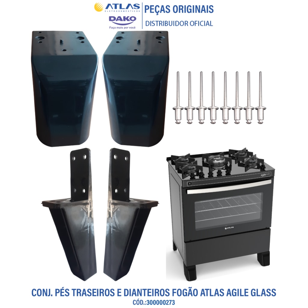 Imagem do Kit Completo De Pes Traseiros E Dianteiros Fogao Atlas Agile Glass 5 Bocas