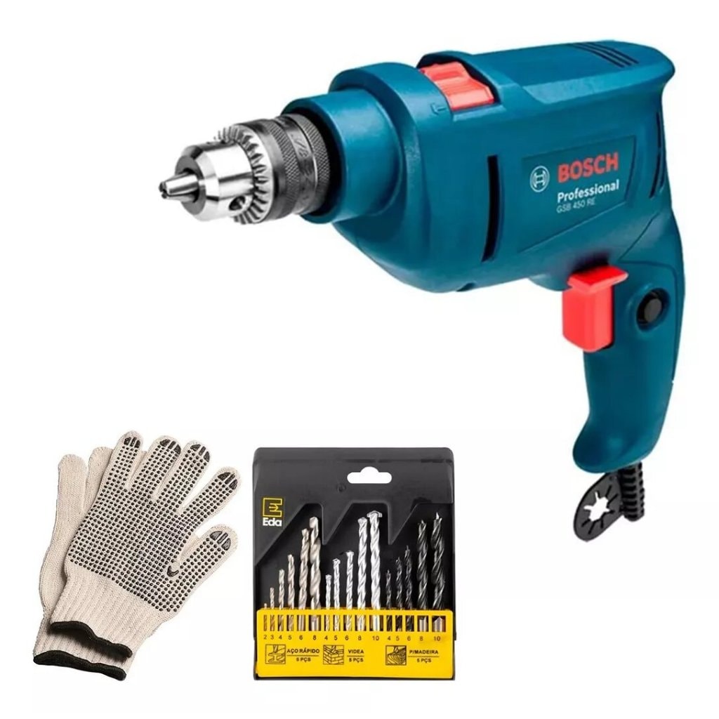 Imagem do Furadeira Impacto Profissional Bosch Gsb 450 Re Std 450w Brocas E Luvas