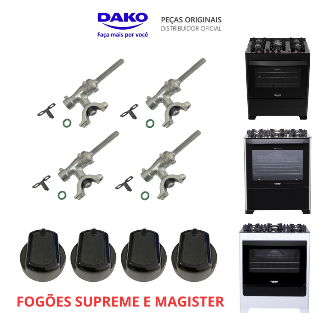 Imagem do Kit 4 Registros Botoes Dako Originais Fogoes Dako Supreme Glass E Magister Promocao