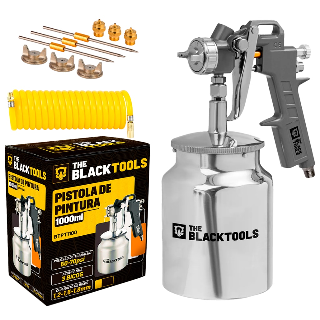 Imagem do Pistola De Pintura Succao 1000ml Mangueira Espiral 1 4 The Black Tools Btpt1100
