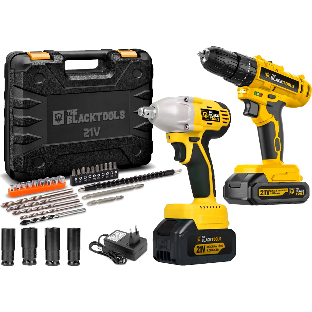 Imagem do Kit Parafusadeira Furadeira De Impacto Chave De Impacto Profissional Bateria 21v The Black Tools