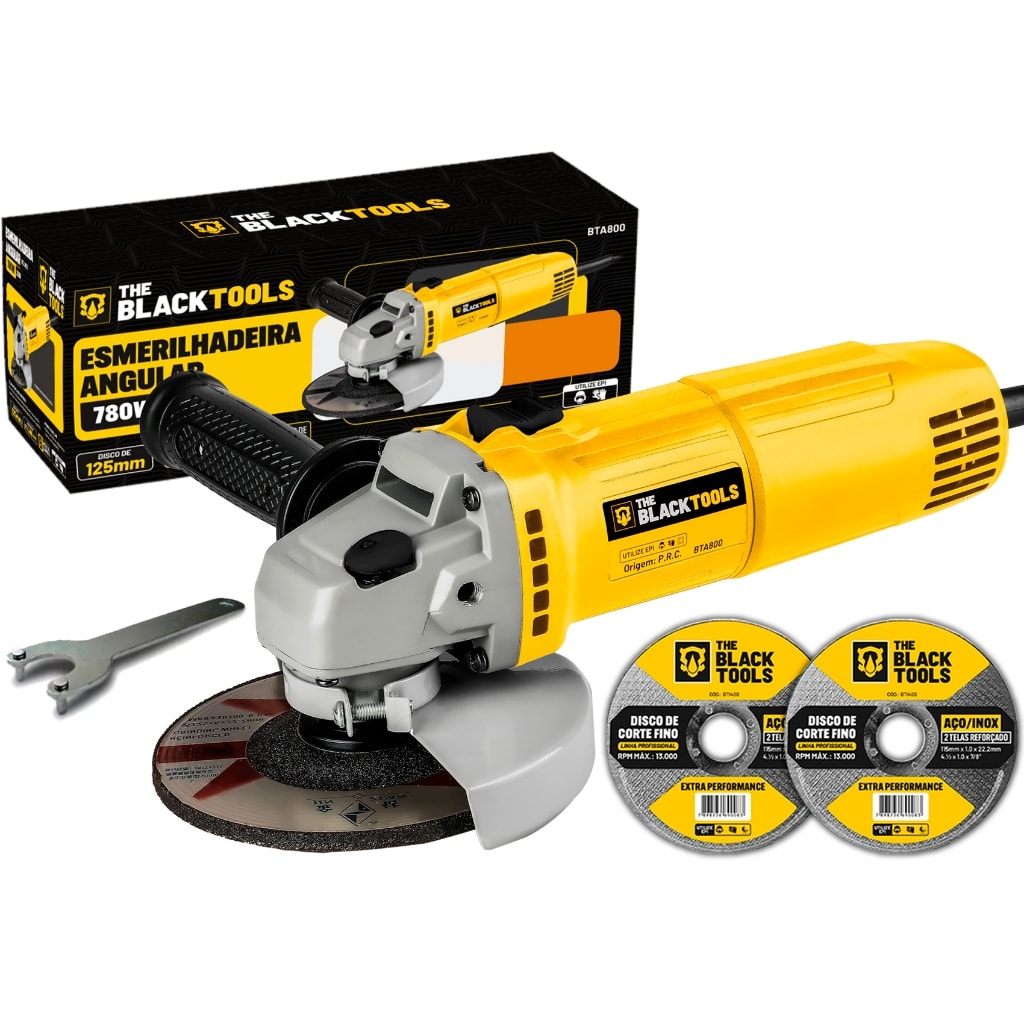 Imagem do Esmerilhadeira Lixadeira Angular 4 1 2 11000rpm 780w The Black Tools Com Discos De Corte