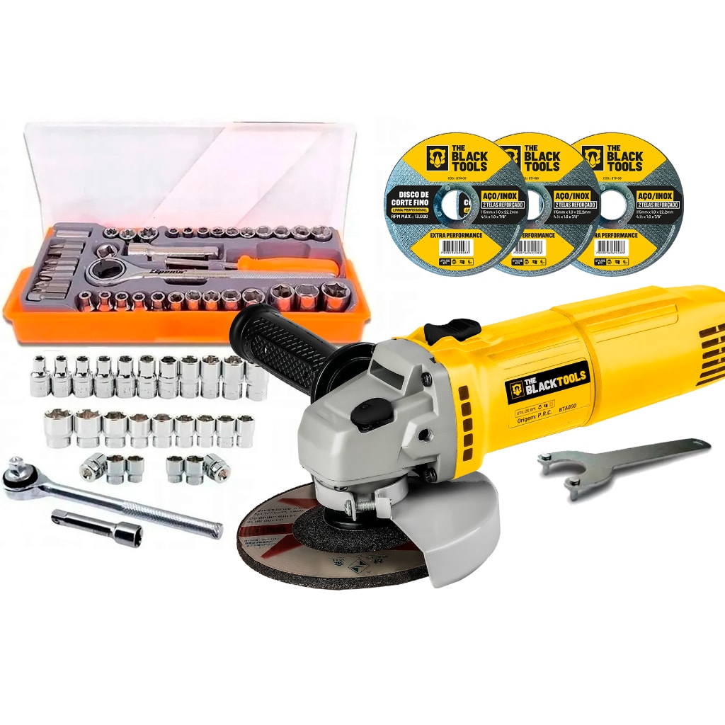 Imagem do Kit Esmerilhadeira Lixadeira Profi 4 1 2 The Black Tools Com Jogo De Soquete