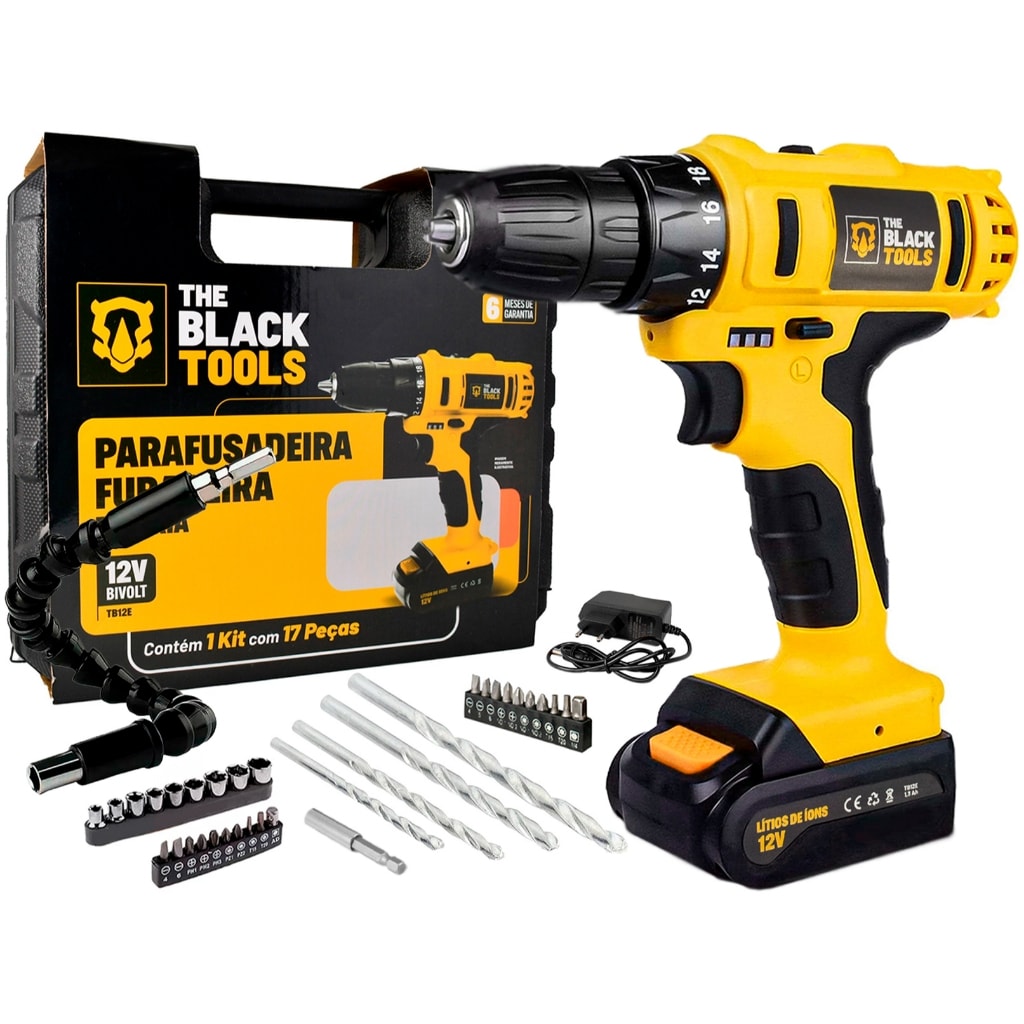 Imagem do Parafusadeira Furadeira 12v 3 8 Litio Bivolt The Black Tools Kit Acessorio