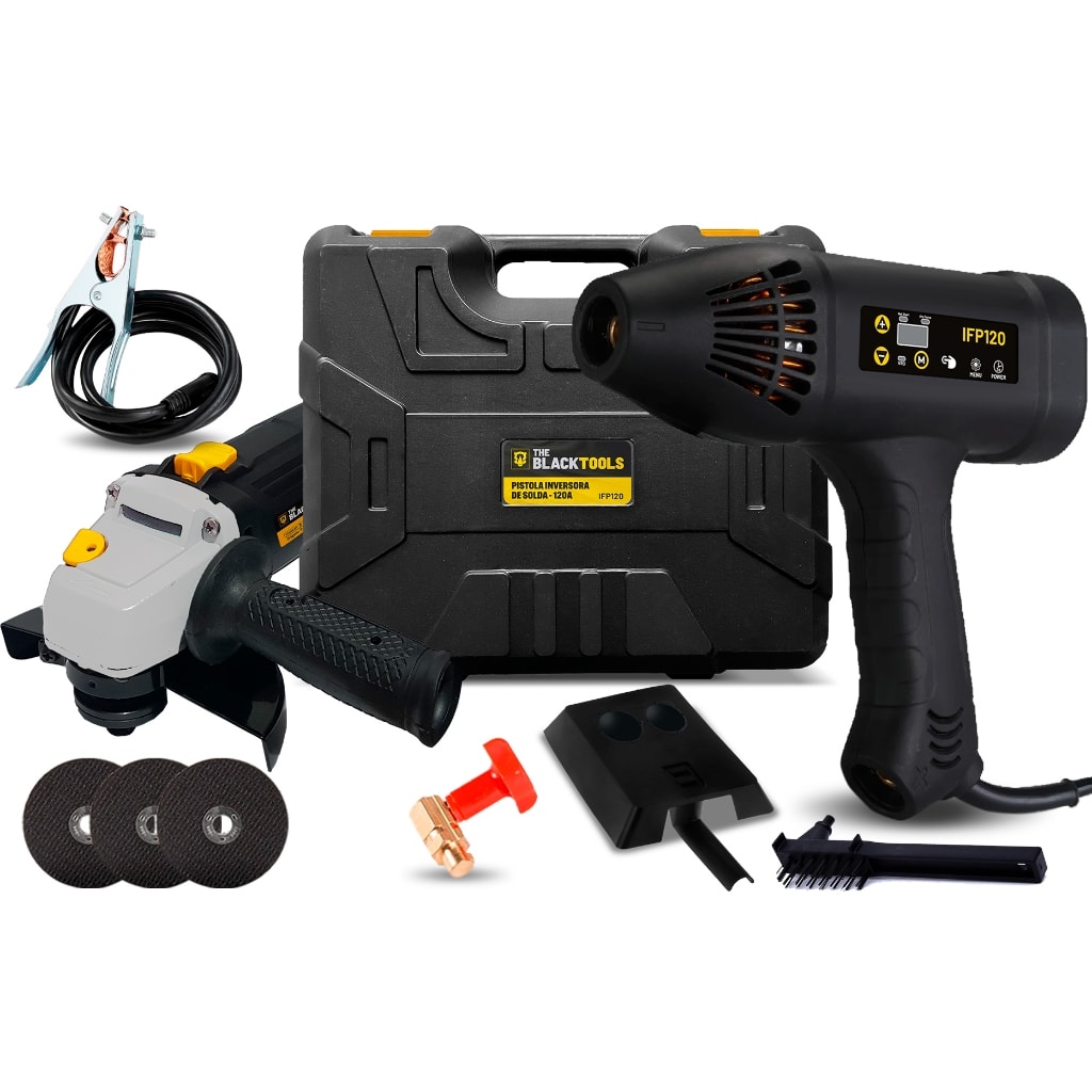 Imagem do Pistola Solda Inversora Mma 120a The Black Tools Com Esmerilhadeira Lixadeira E Discos Corte