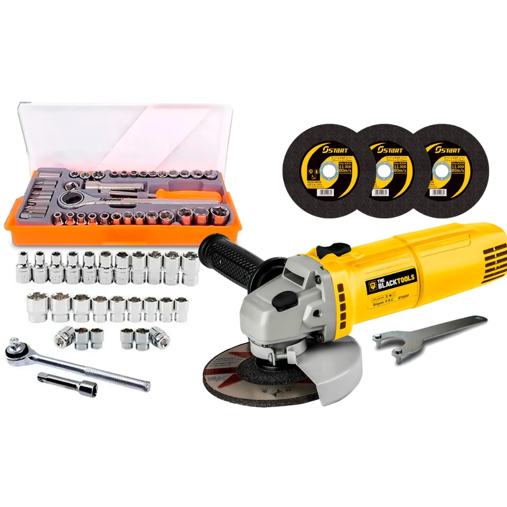 Imagem do Kit Esmerilhadeira Lixadeira Profissional 4 1 2 The Black Tools Com Jogo De Soquete