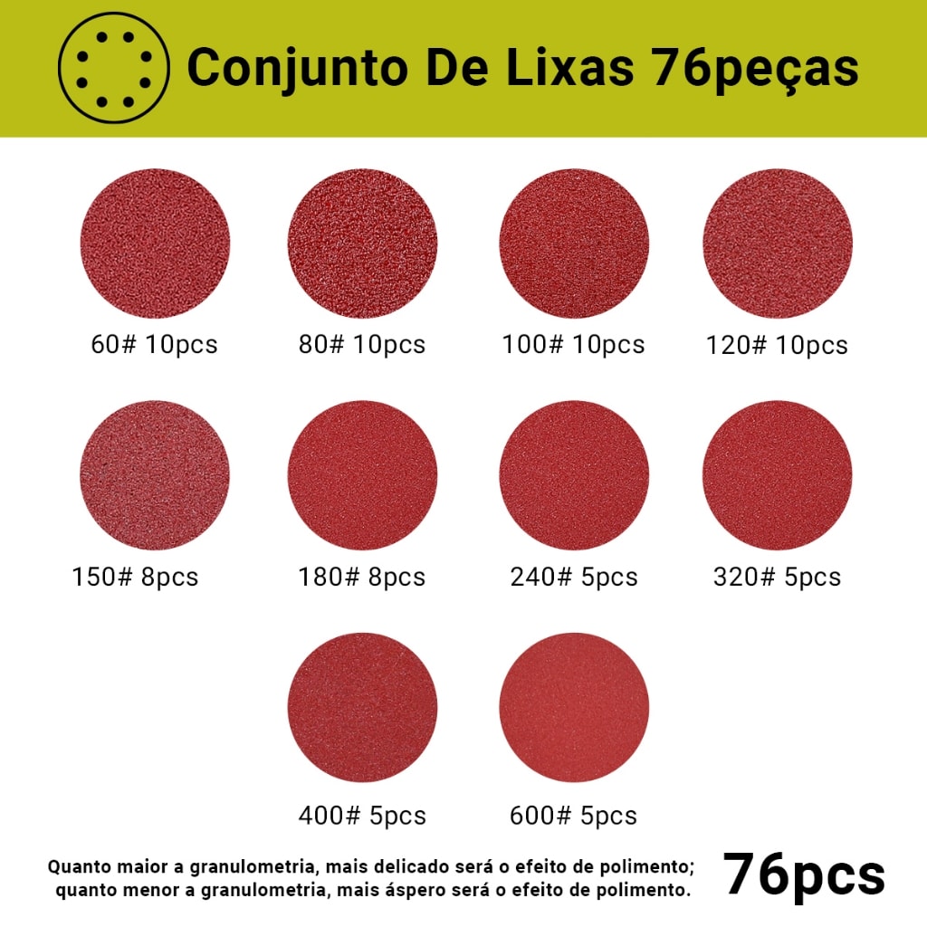 Imagem do Kit 76pcs Lixas Velcro 8 Furos 125mm 5 Pol Parede Lixadeira Roto Orbital Grao Desoon