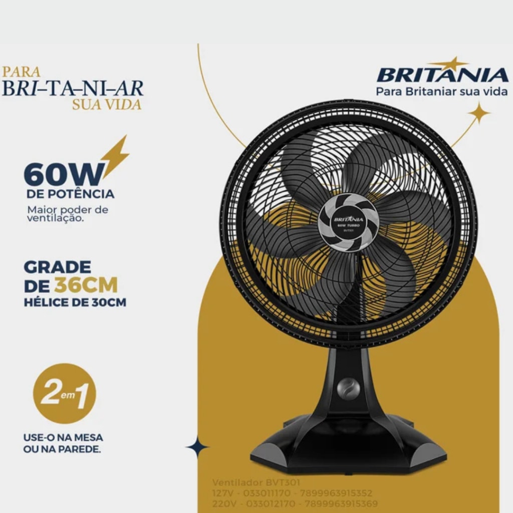 Imagem do Ventilador Britania Bvt301 2 Em 1 Mesa E Parede 60w Tecnologia Maxx Force 30cm Silencioso
