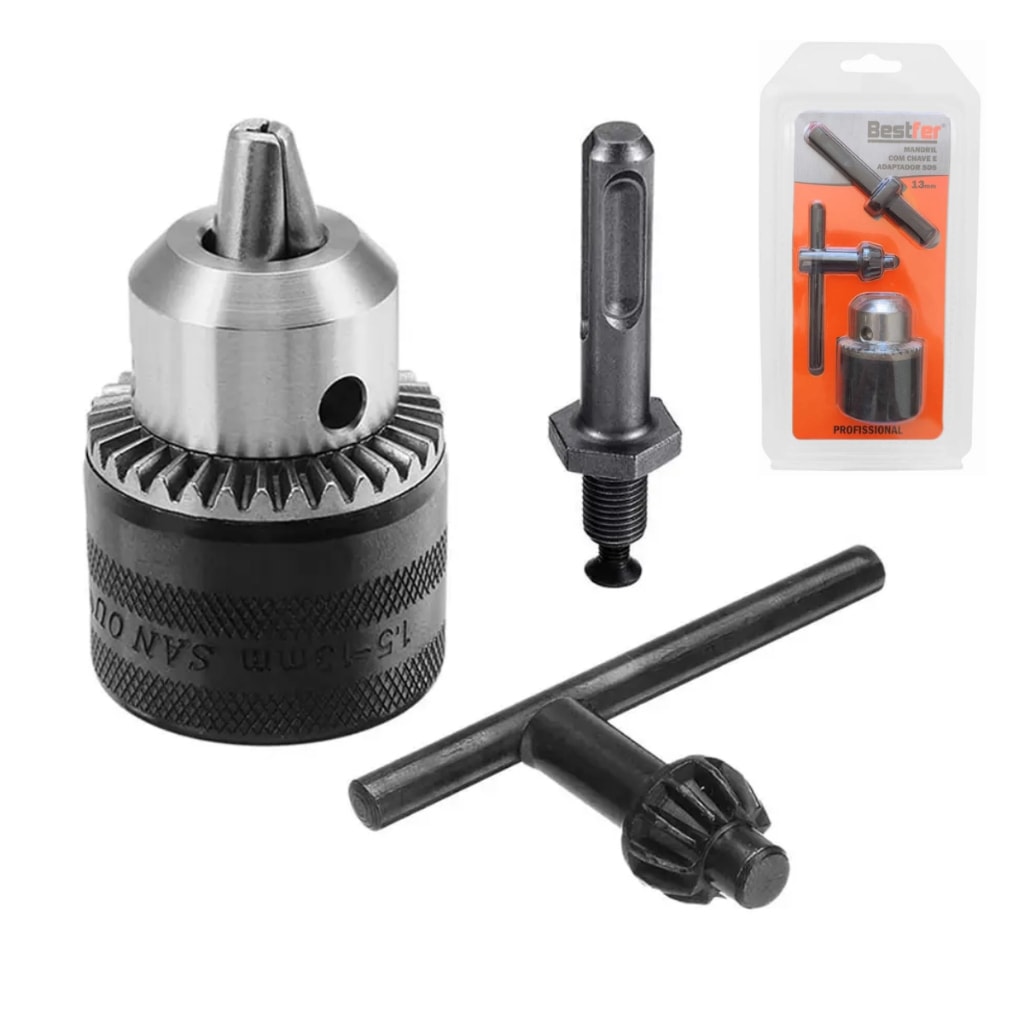 Imagem do Kit Mandril 13mm Com Chave E Adaptador Sds Rosca 1 2 Profissional Bestfer