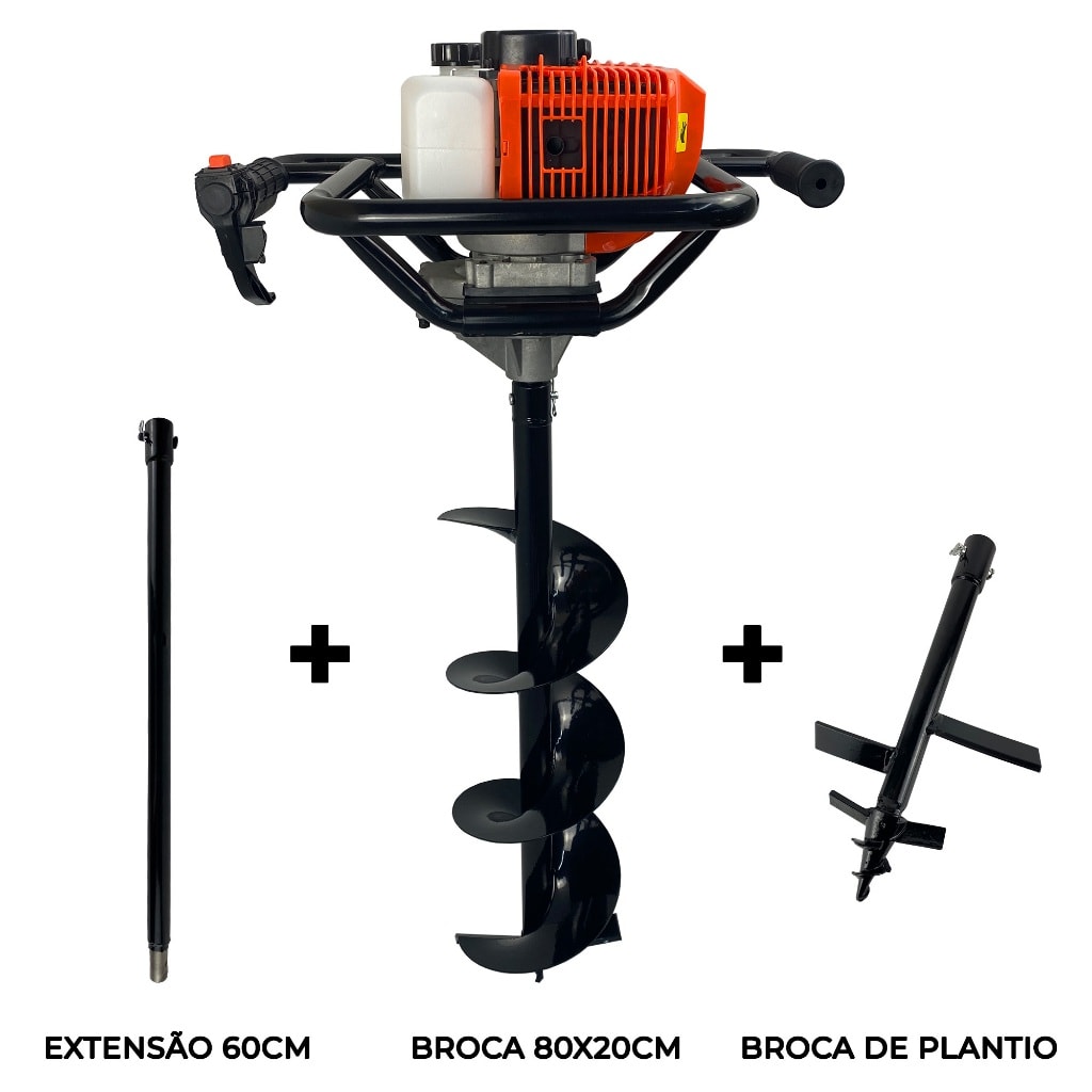 Imagem do Perfurador De Solo A Gasolina 52cc Com Broca 80x20cm Broca De Plantio Extensor 60cm Carbon Fak