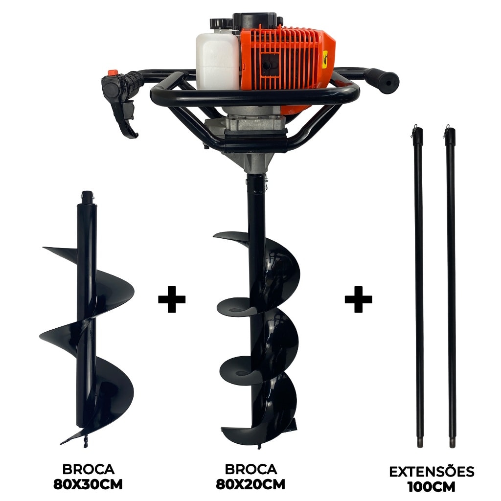 Imagem do Perfurador De Solo A Gasolina 52cc 2 5hp Com Brocas 80x20cm 80x30cm 2x Extensor 1m Carbon Fak