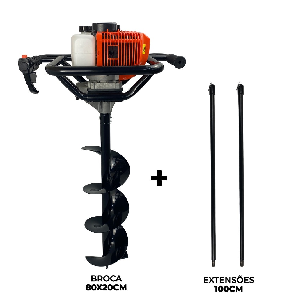 Imagem do Perfurador De Solo A Gasolina 52cc 2 5hp Com Broca 80x20cm 2x Extensor 1m Carbon Fak