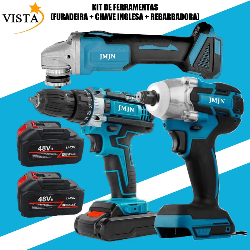 Imagem do Kit 3 Em 1 48v Sem Fio Com 2 Baterias Furadeira Parafusadeira Chave De Impacto Esmerilhadeira Profissional Vista