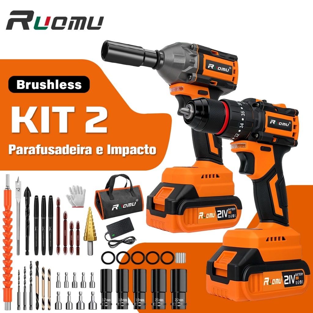 Imagem do Kit 2 Furadeira Parafusadeira Chave De Impacto Brushless 21v