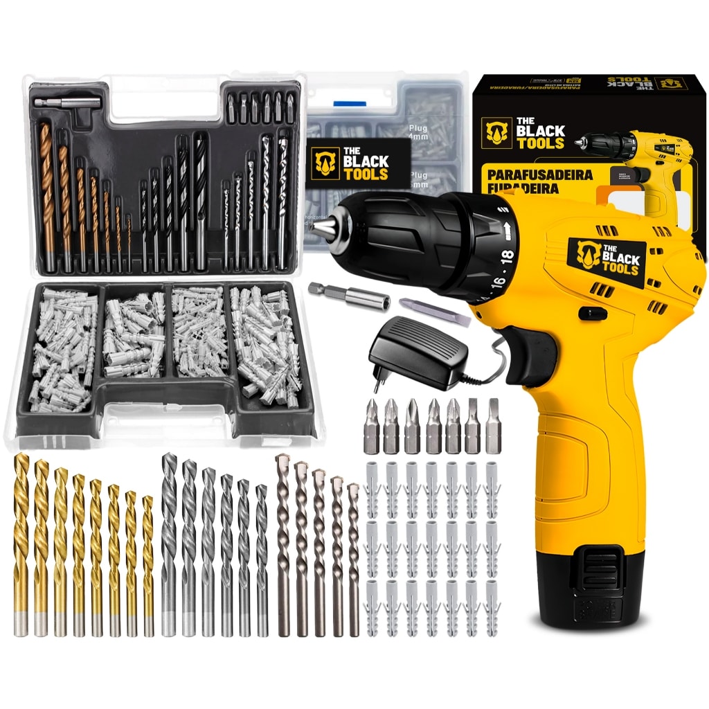 Imagem do Parafusadeira Furadeira 3 8 Bivolt A Bateria 12v Tb12a The Black Tools Jogo Brocas E Buchas 300 Pcs
