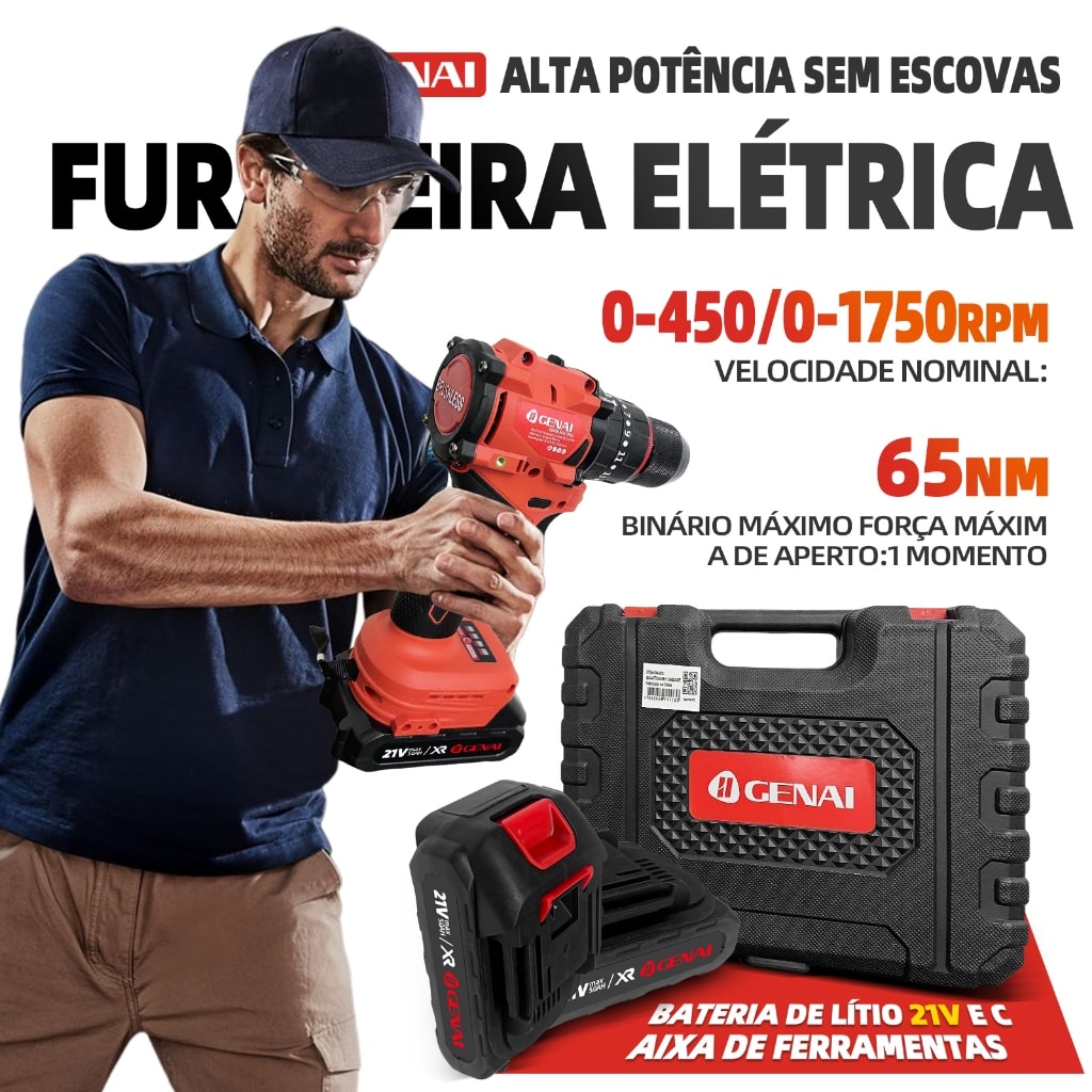 Imagem do Brushless Furadeira Parafusadeira 3 8 21v Com Impacto Profissional 1750r Min 65n M
