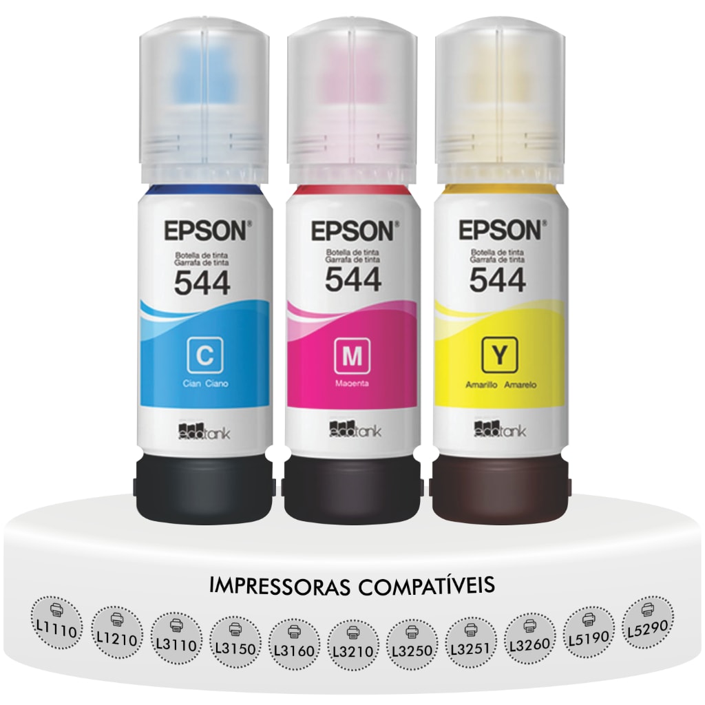 Imagem do Kit 3 Refis Tinta T544 Ciano Magenta Amarela Original Epson L1110 L1250 L3110 L3150 L3160 L3210 L3250 L3260 L5190 L5290
