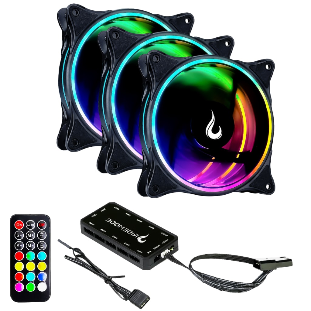 Imagem do Kit 3 Fans Cooler Ventoinhas Pc Gamer Rise Mode Laser Black Argb C Controladora Hub Preto