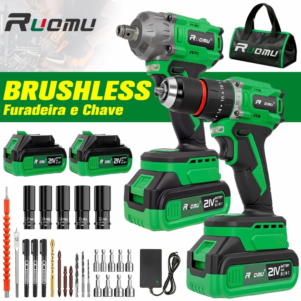 Imagem do Kit Furadeira Parafusadeira Chave De Impacto 520n M Brushless 21v 2 Bateria 2 0ah