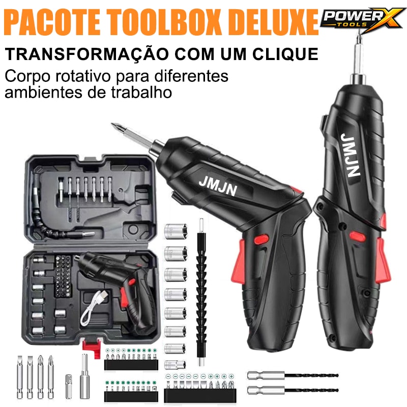 Imagem do Powerx Kit Parafusadeira Furadeira Sem Fio 48 Pcs Caixa De Ferramentas Completa Carregador Usb