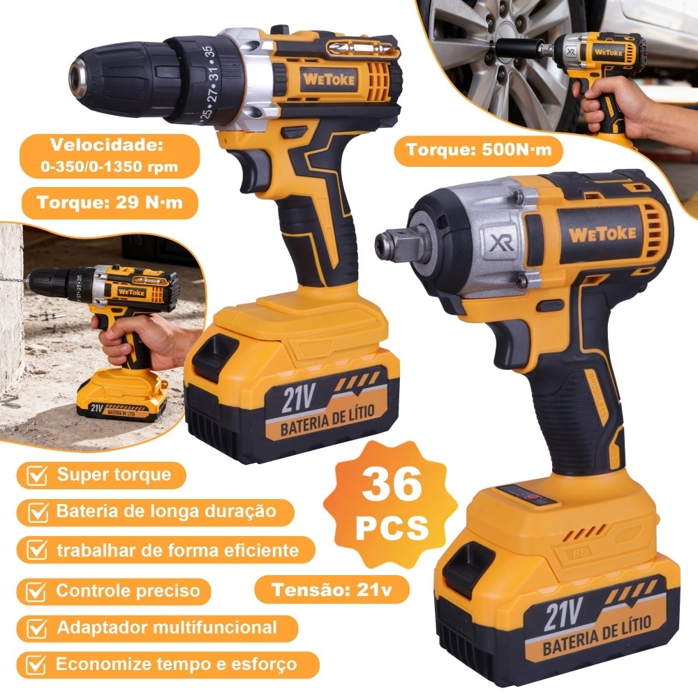 Imagem do Furadeira Parafusadeira Impacto 21v Brushless Chave Impacto Bateria Kit 2 Baterias