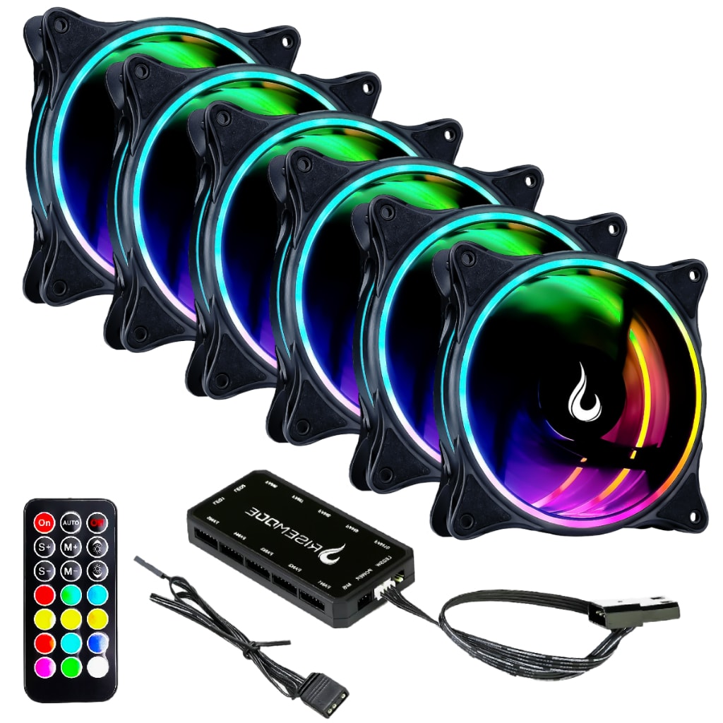 Imagem do Kit 6 Fans Cooler Ventoinhas Pc Gamer Rise Mode Laser Black Argb C Controladora Hub Preto