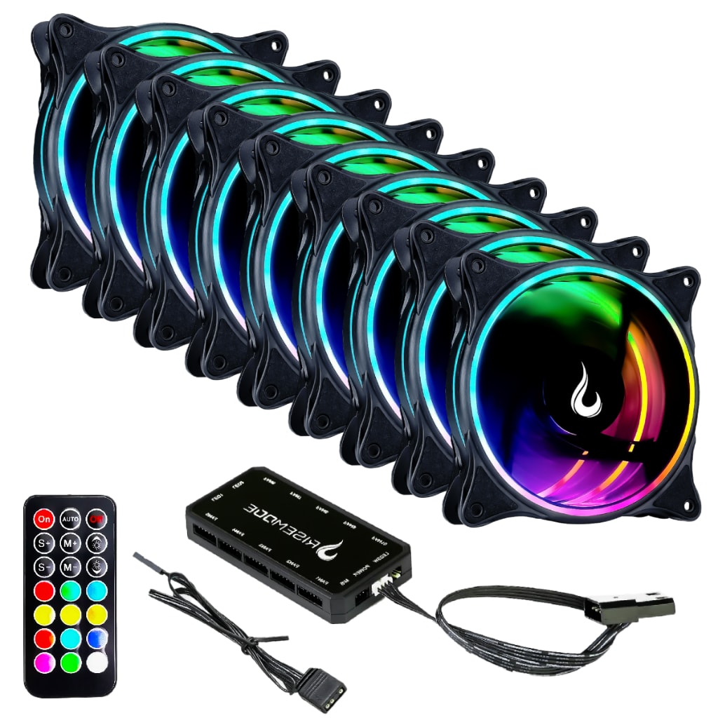 Imagem do Kit 9 Fans Cooler Ventoinhas Pc Gamer Rise Mode Laser Black Argb C Controladora Hub Preto