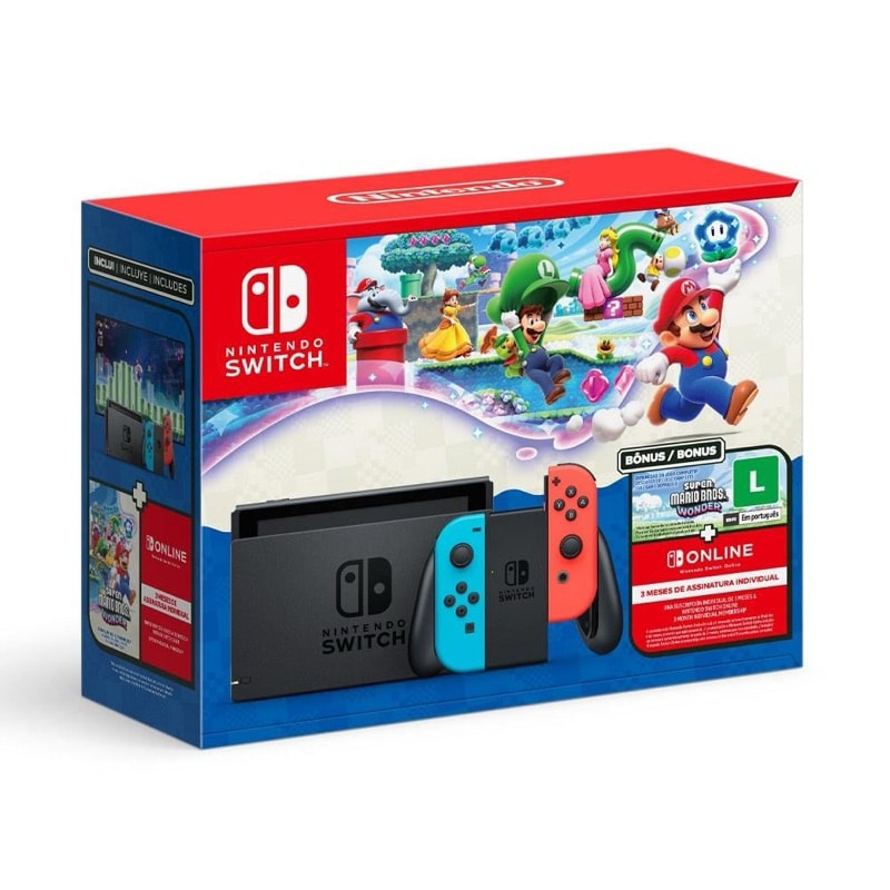Imagem do Nintendo Switch Desbloqueado Dual Boot Bundle Super Mario Bros Wonder 3 Meses Nintendo Online
