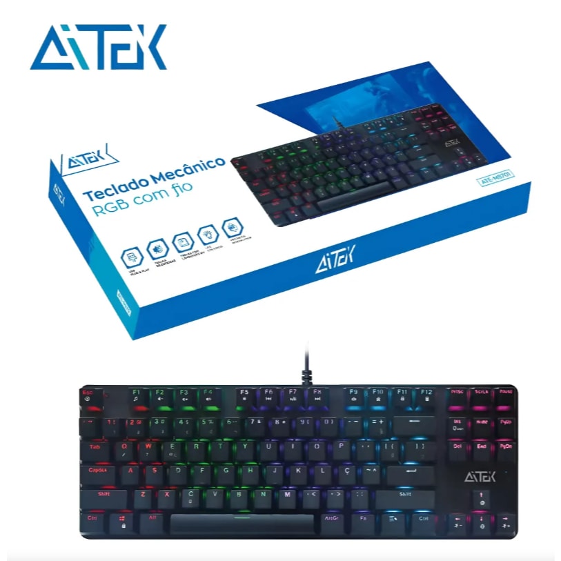 Imagem do Teclado Gamer Mecanico Usb Com Fio 75 Rgb Switch Azul 87 Teclas Pc E Notebook Aitek
