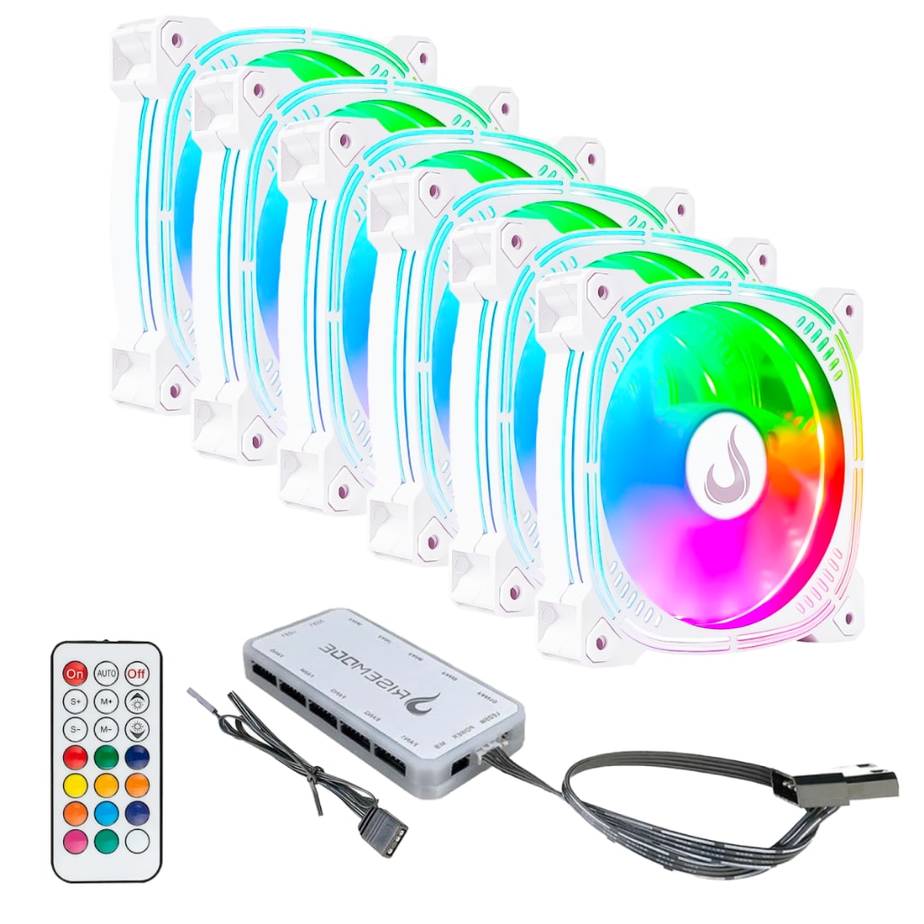 Imagem do Kit 6 Fans Cooler Ventoinhas Rise Mode Aura Frost Pro White Argb C Controladora Hub Pc Gamer