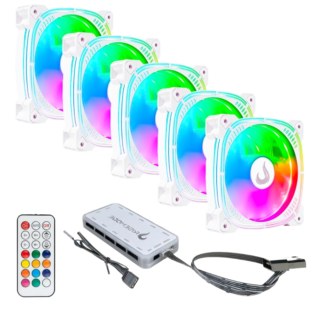 Imagem do Kit 5 Fans Cooler Ventoinhas Rise Mode Aura Frost Pro White Argb C Controladora Hub Pc Gamer