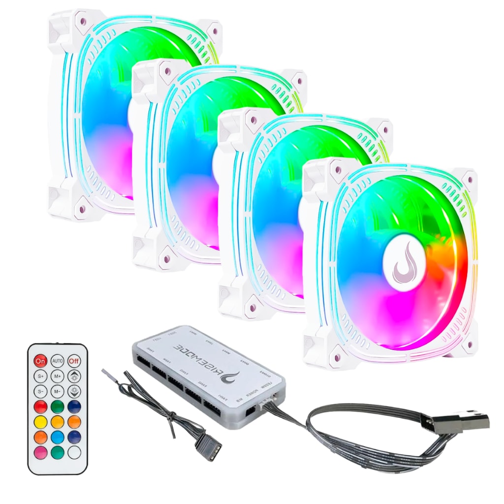 Imagem do Kit 4 Fans Cooler Ventoinhas Rise Mode Aura Frost Pro White Argb C Controladora Hub Pc Gamer