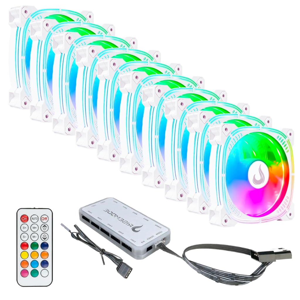 Imagem do Kit 10 Fans Cooler Ventoinhas Rise Mode Aura Frost Pro White Argb C Controladora Hub Pc Gamer