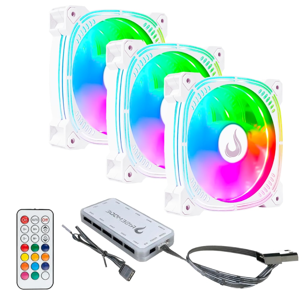 Imagem do Kit 3 Fans Cooler Ventoinhas Rise Mode Aura Frost Pro White Argb C Controladora Hub Pc Gamer