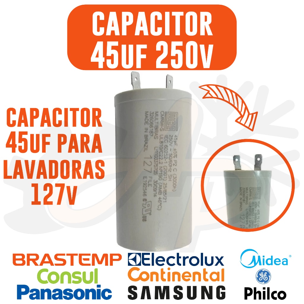 Imagem do Capacitor 45uf 127v Consul Brastemp Lavadoras