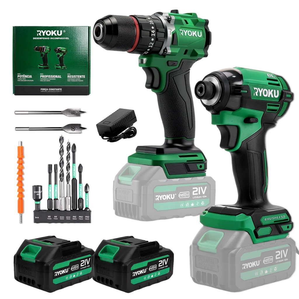Imagem do Kit 2 Furadeira E Parafusadeira De Impacto Brushless Ryoku 2 Baterias 21v