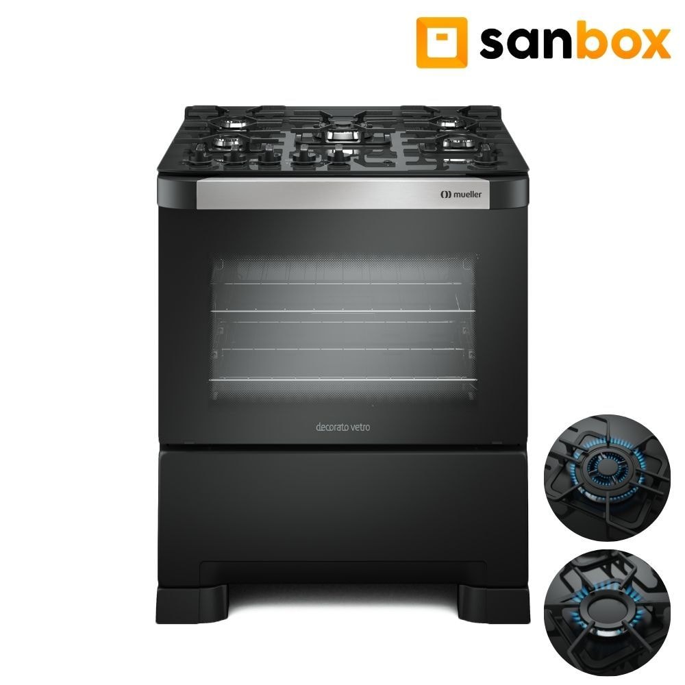 Imagem do Fogao 5 Bocas Mueller Decorato Vetro Preto A Gas Mesa De Vidro Bivolt