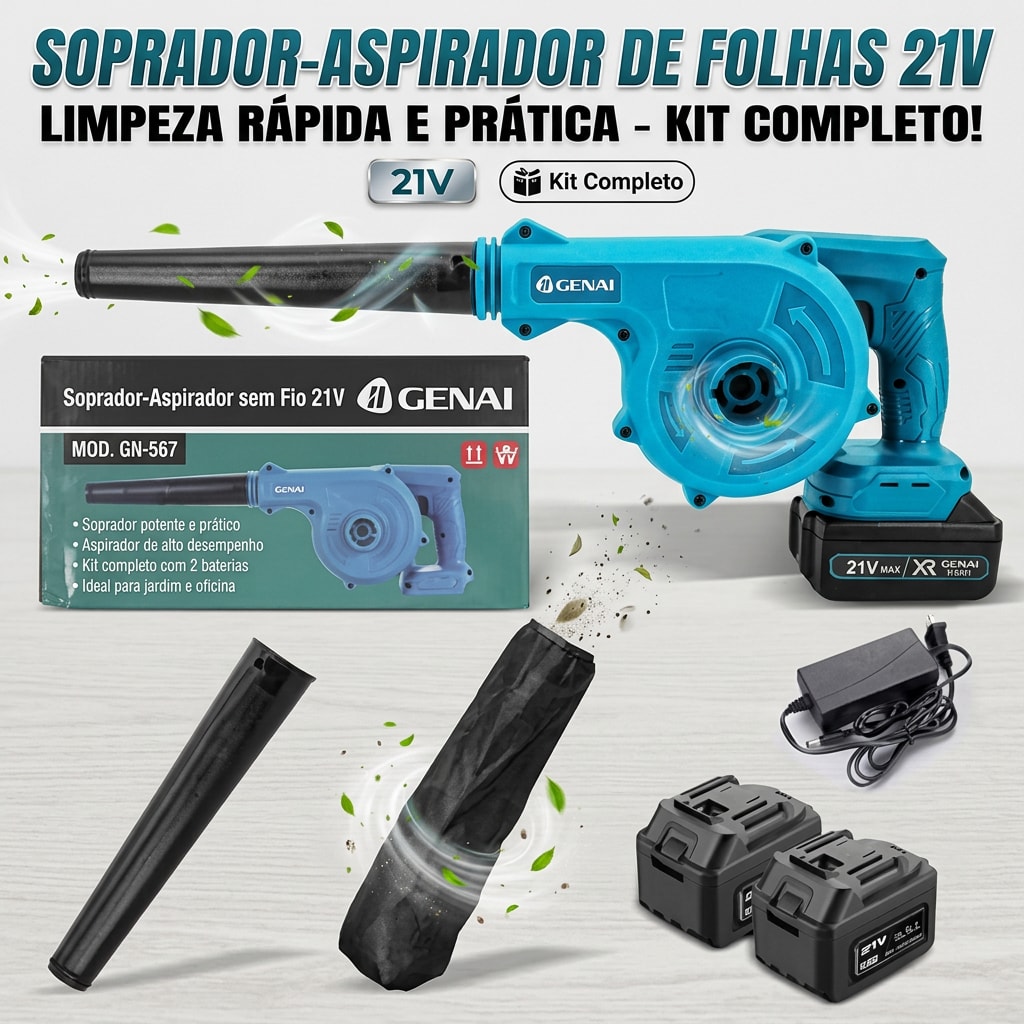 Imagem do Soprador Aspirador Eletrico Folhas E Residuos Sem Fio 21v 2 Em 1 Com 2 Baterias Emll