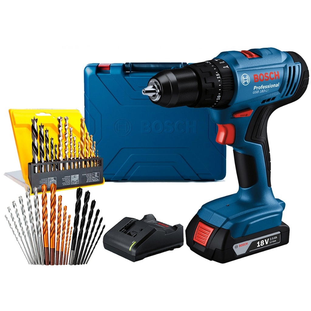 Imagem do Furadeira Parafusadeira Impacto Gsb 183li Bosch 16 Pcs Brocas E Acessorios