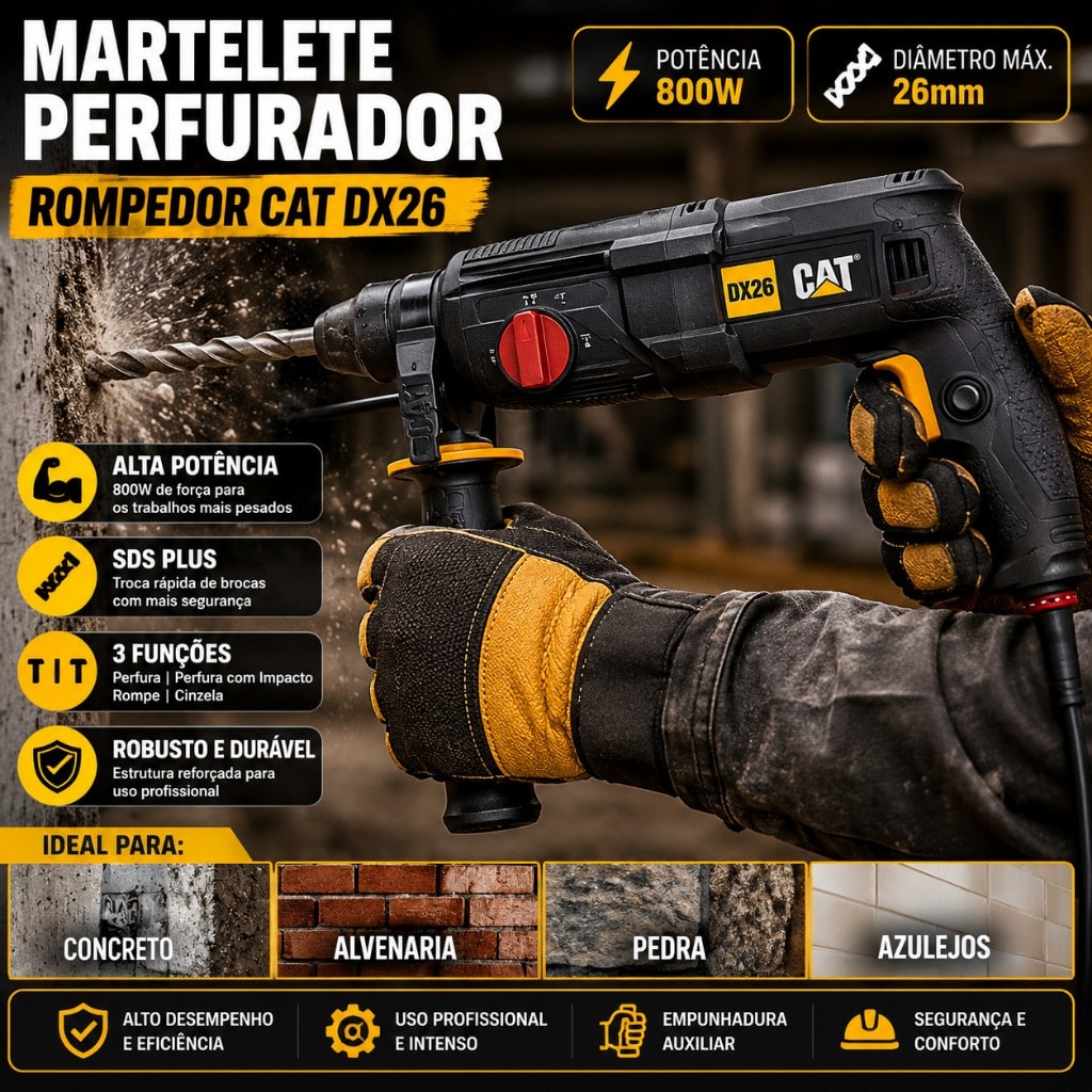Imagem do Martelete Perfurador Rompedor Cat Dx26 800w 26mm Sds Plus Profissional