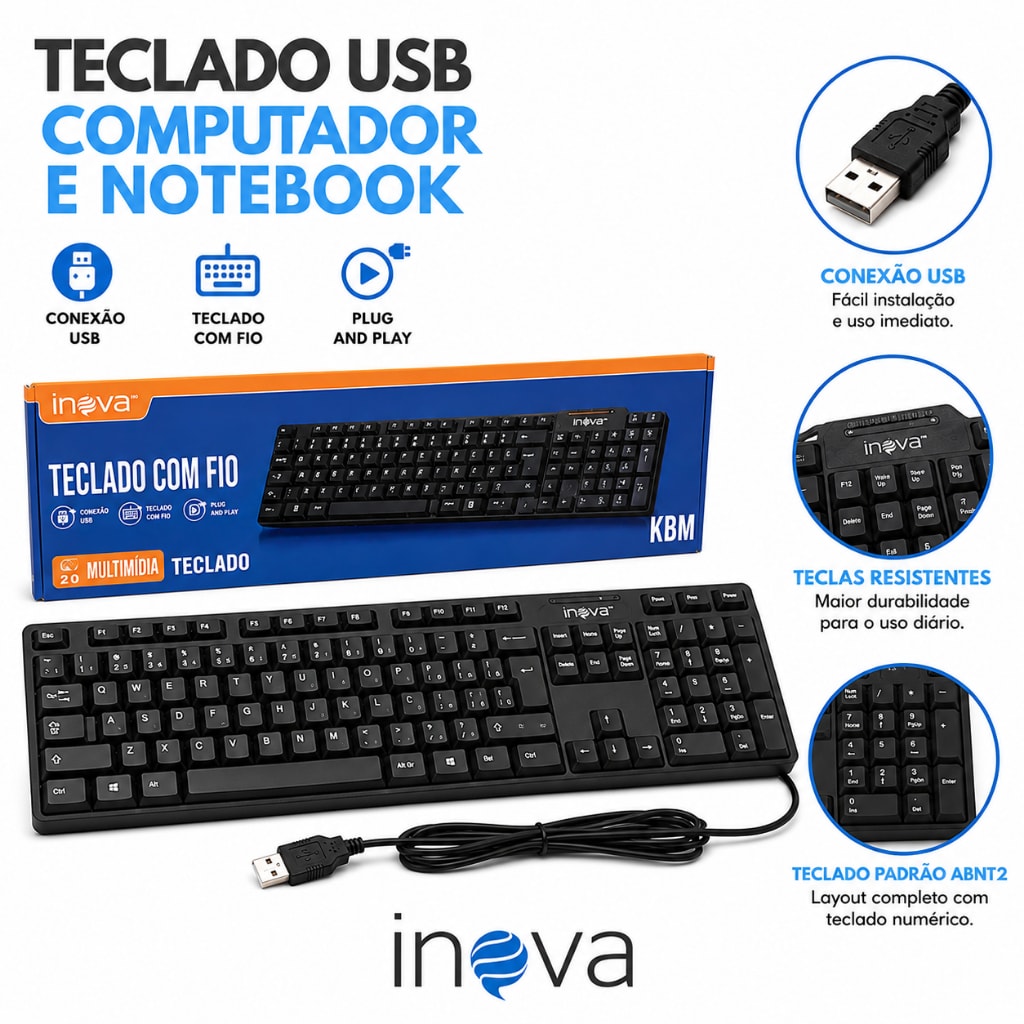 Imagem do Teclado Usb Premium Com Fio Original Inova Silencioso Para Pc Notebook