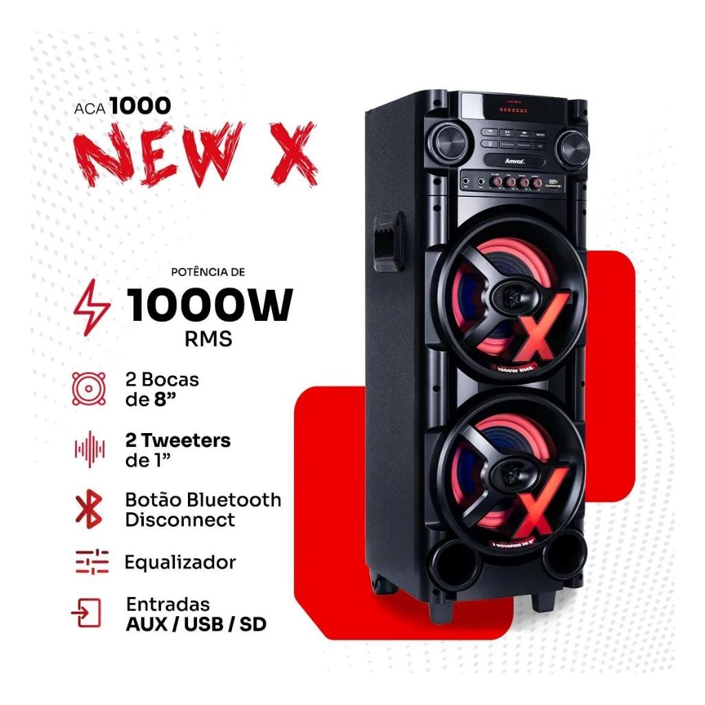 Imagem do Caixa Amplificada Amvox Aca 1000 Newx 2 Woofers 8 1000w Bluetooth Preta Sfm