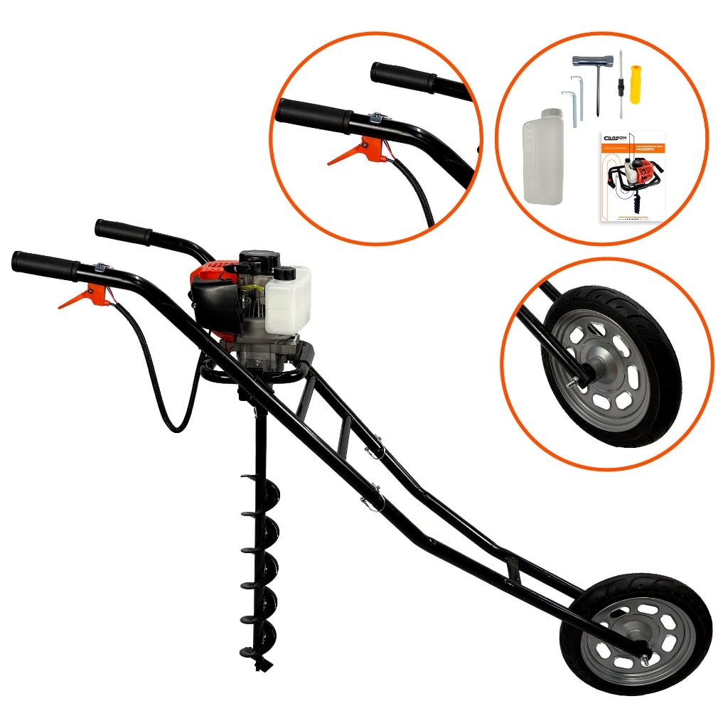 Imagem do Kit Perfurador De Solo A Gasolina 2t 52cc 2 5hp Com Broca 80x10cm E Carrinho Carbon Fak