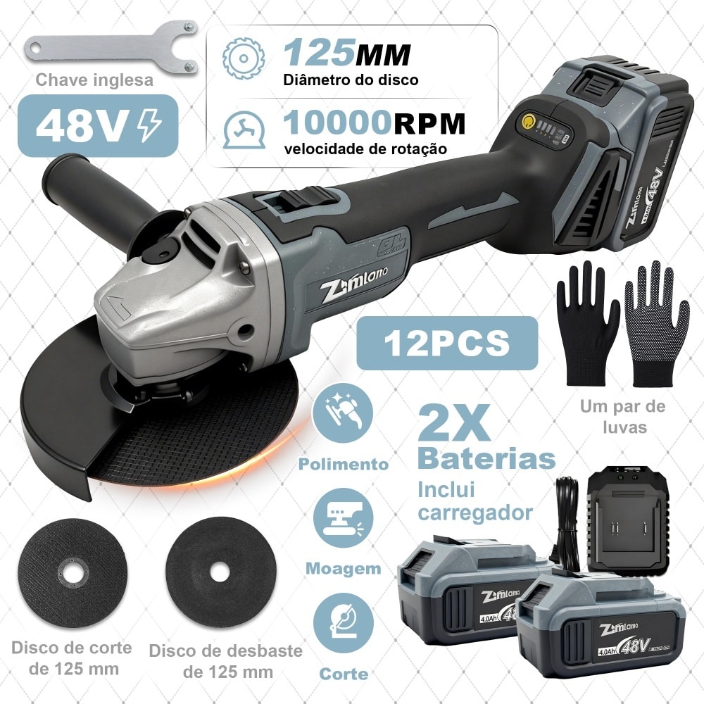 Imagem do Esmerilhadeira 48v Sem Fio Brushless 2 Baterias Esmerilhadeira Angular Eletrica 125mm