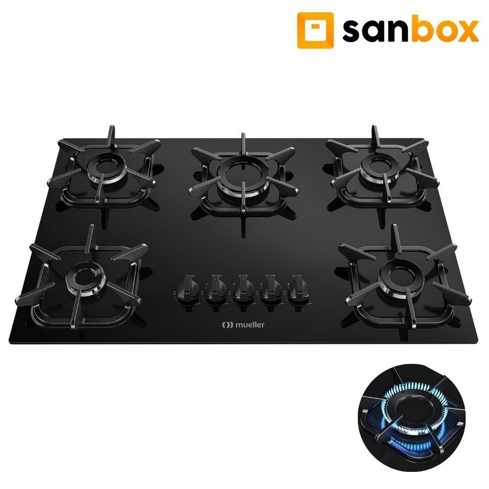 Imagem do Cooktop 5 Bocas Mueller Ultra Chama A Gas Mesa Vidro Preto Bivolt
