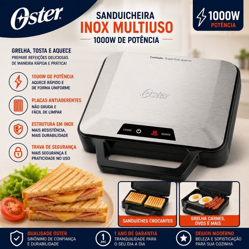 Imagem do Sanduicheira Grill Oster Inox Multiuso 1000w Osan500 220v