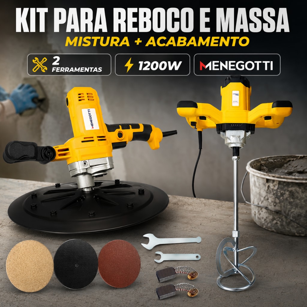 Imagem do Kit Desempenadeira Eletrica Menegotti Mde 1200w Misturador Eletrico Mel1200 Tinta Argamassa Reboco
