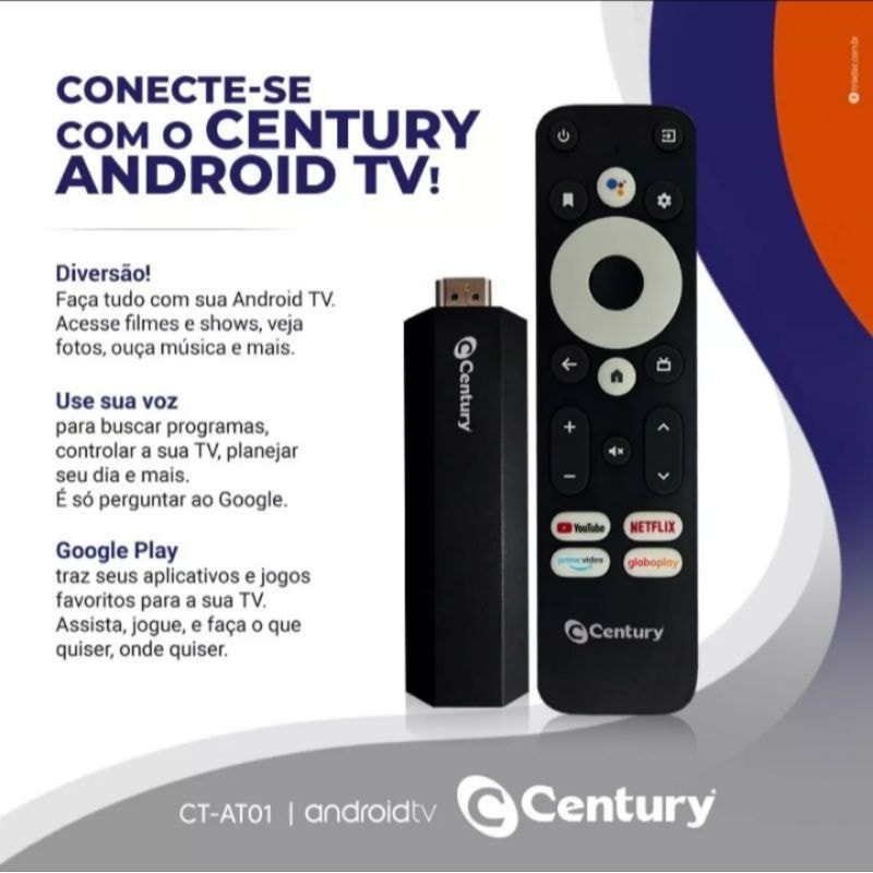 Imagem do Receptor Century Smart Tv Android Stick Full Hd 8gb Comando De Voz Ct Atv01