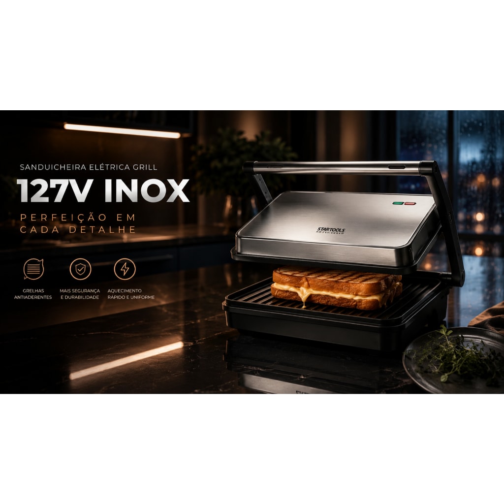 Imagem do Sanduicheira Grill Eletrica Inox 1000w Antiaderente 127v Startools Original
