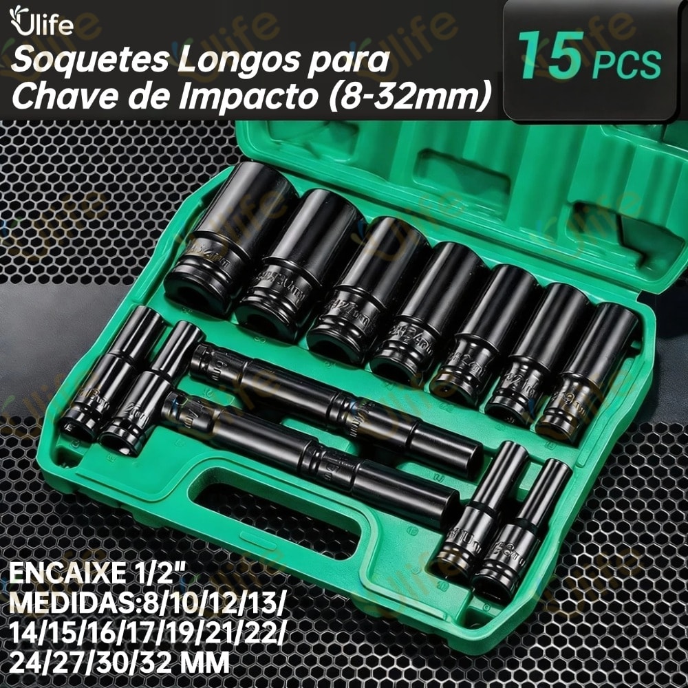 Imagem do Jogo Soquete Longo Sextavado Impacto 1 2 8 A 32 Mm 15pcs Ou 8 A 24 Mm 10pcs Com Maleta Ulife